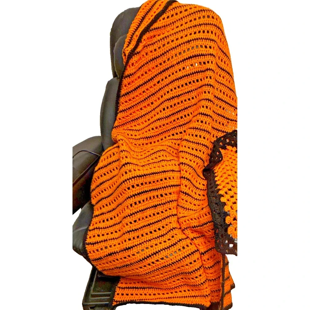 Handmade Crocheted Halloween Jack-o-lantern Throw Blanket Orange Black 60x48